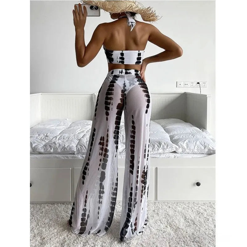 Women's three-piece swimsuit set with mesh trousers in printing design