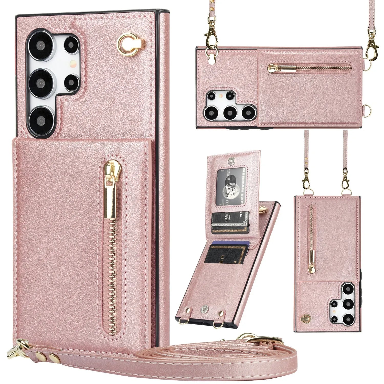 Black Samsung phone case with a crossbody strap, card slot, and folded kickstand visible on the back.