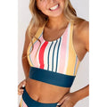 Blue women's two-piece swim set with striped sleeveless vest and high waist swim trunks, sizes XS-2XL.