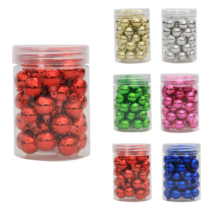 48 mini electroplated glossy Christmas hanging balls in red, gold, silver, rose, blue, and green