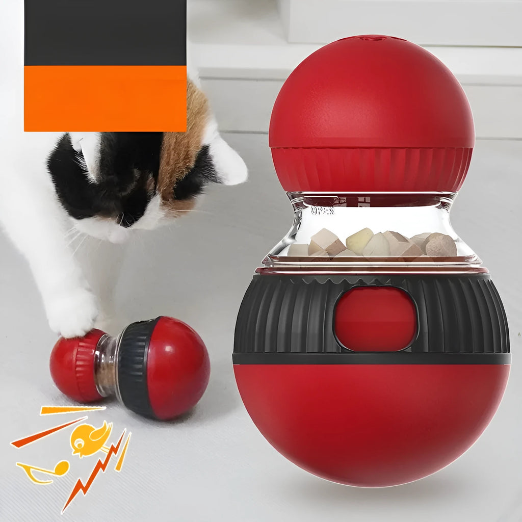 Plastic rotating cat toy with sound and food dropping ball measuring 155mm