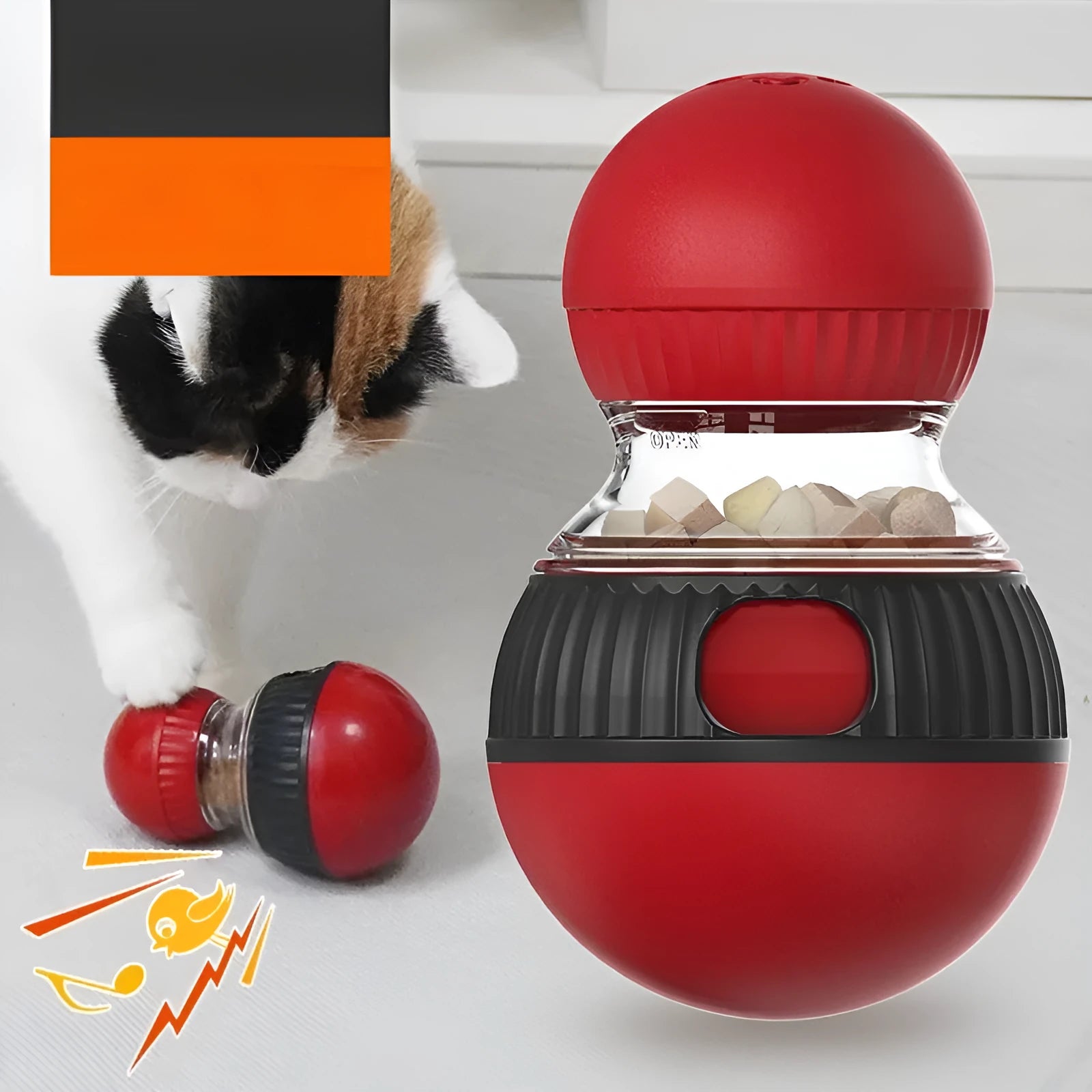 Plastic rotating cat toy with sound and food dropping ball measuring 155mm