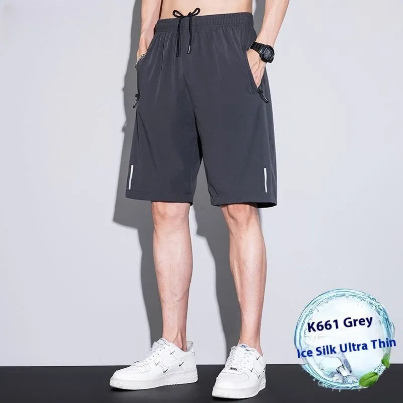 Men's thin ice silk quick-dry polyester running shorts in black, straight cut, front view