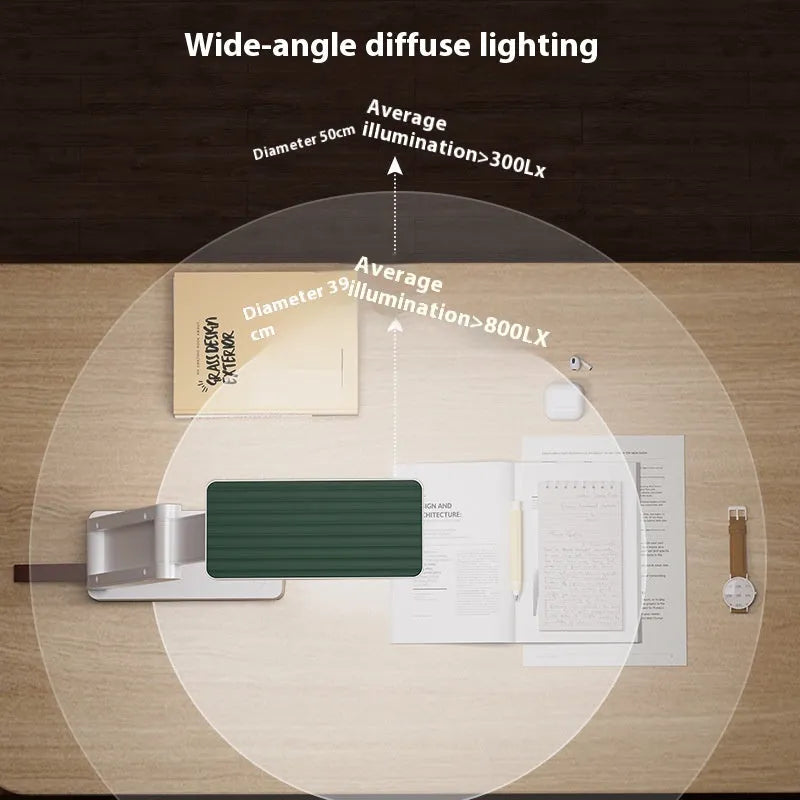 White portable desk lamp with charging cable, lithium battery, small clock, and adjustable colour wire for eye protection during learning