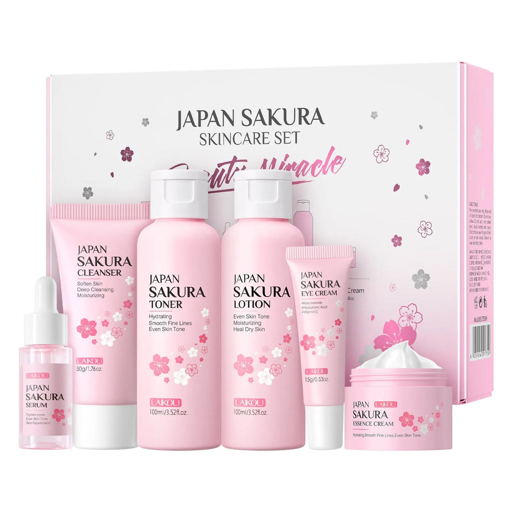 Cherry blossom skin care set with six facial products including cleanser, toner, cream, essence, and eye cream