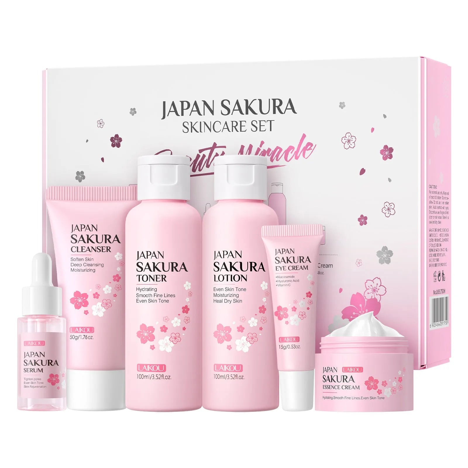 Cherry blossom skin care set with six facial products including cleanser, toner, cream, essence, and eye cream