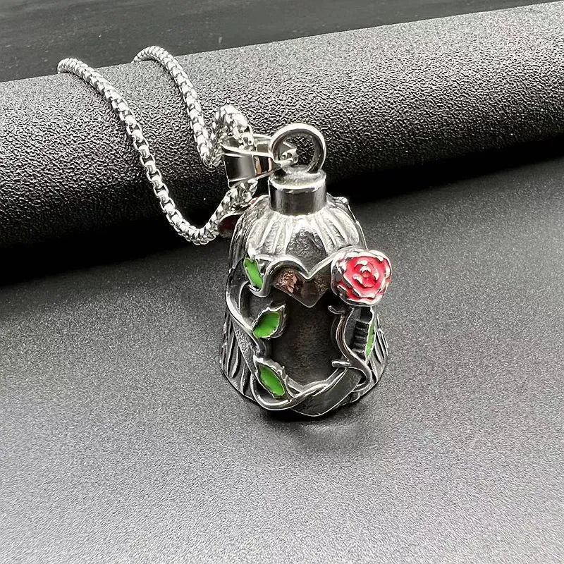 Titanium steel geometric motorcycle lucky bell with polished finish and double-sided epoxy rose design