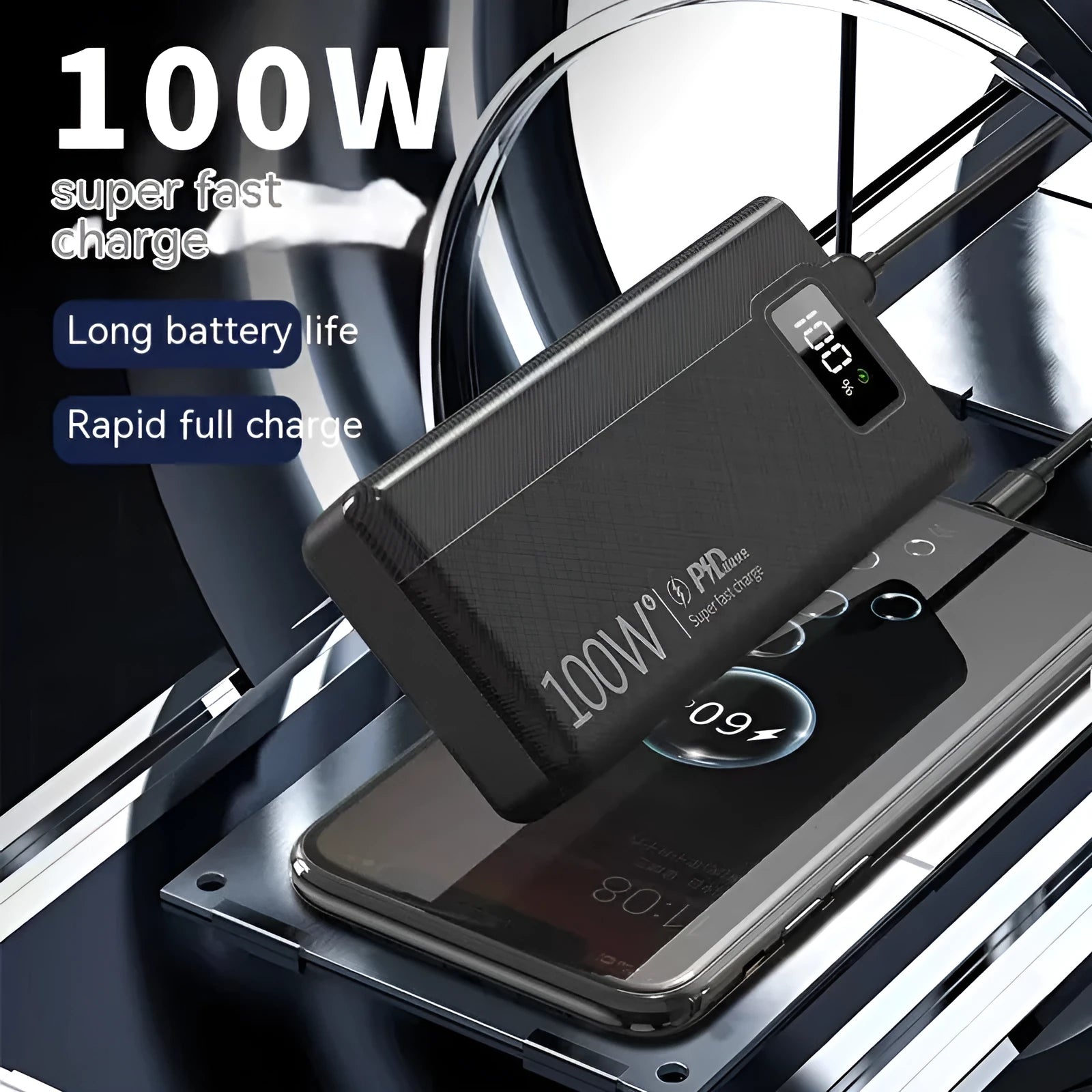 Black and white large capacity power bank with fast charging function showing dimensions