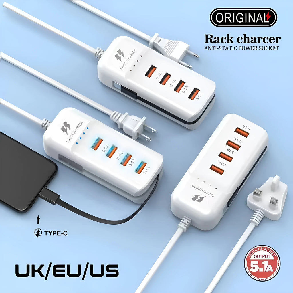 White multi-port power strip with USB interface, Type-C line, and PD charger version, available with EU or US power supply