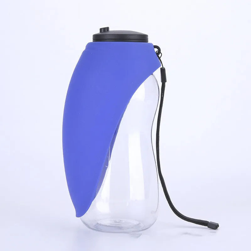 Blue portable dog water bottle with drinking bowl and water lock key