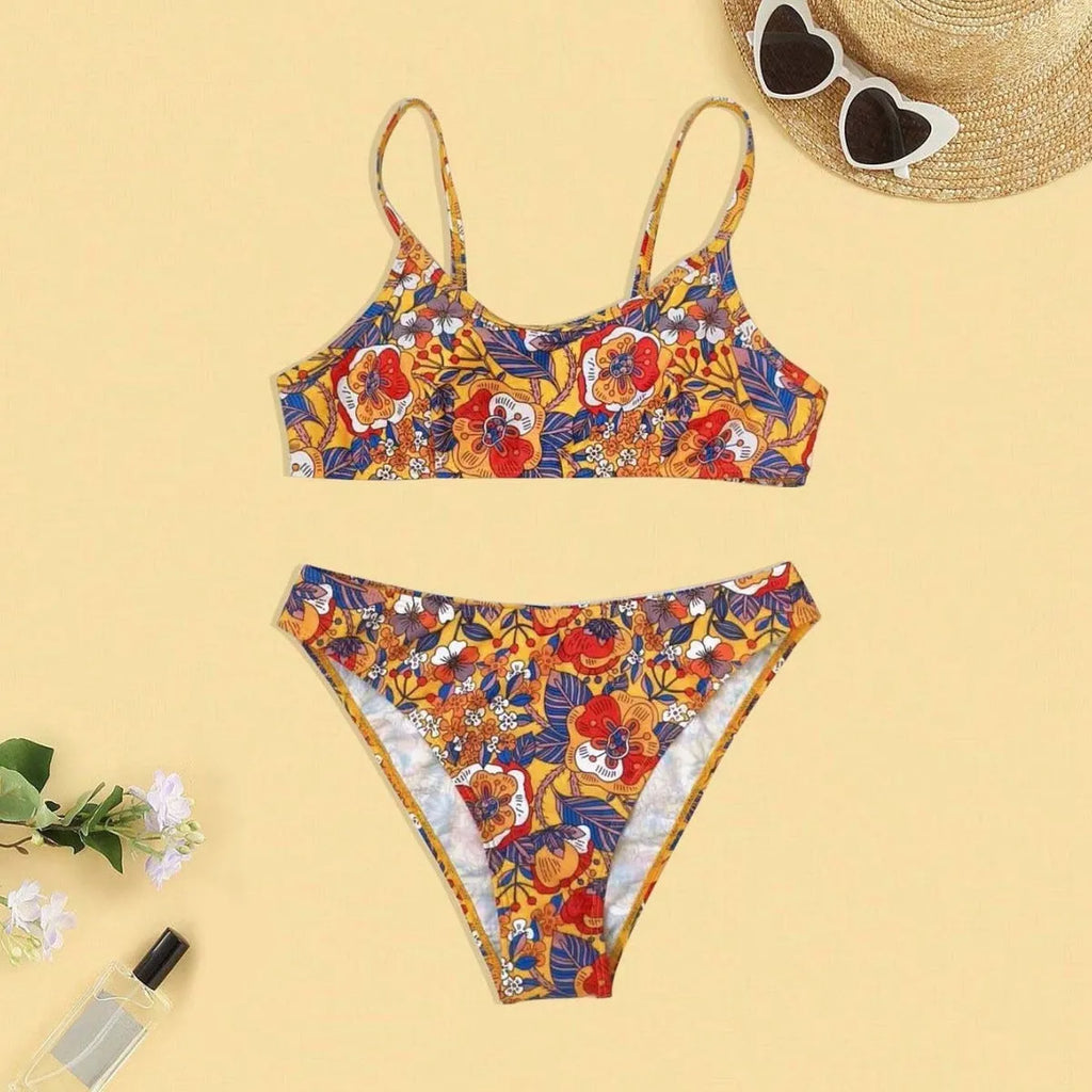 Plus size women's floral print strap bikini swimsuit set with bra and briefs
