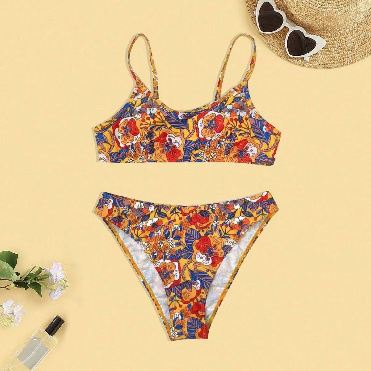Plus size women's floral print strap bikini swimsuit set with bra and briefs