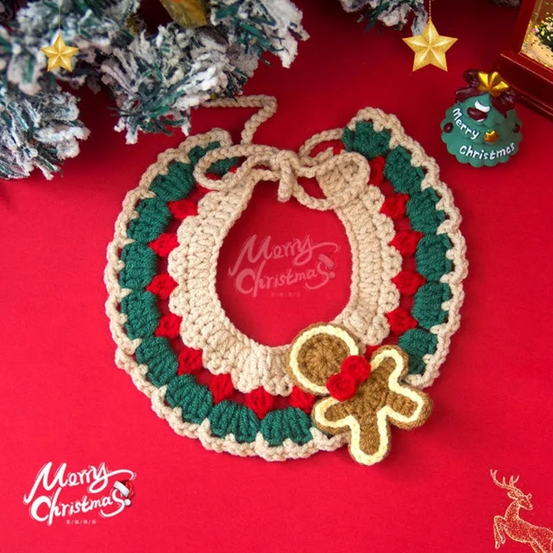 Adjustable Christmas knit pet collar with crochet elk pattern for cats and small dogs, sizes L and M
