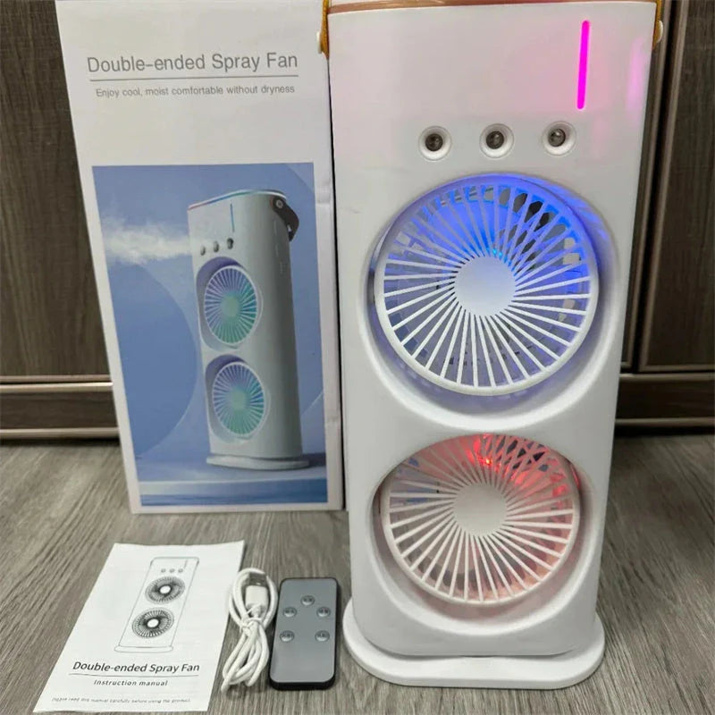 Portable Dual-Headed Evaporative Humidifier Fan with Adjustable Airflow, Quiet Operation, and Compact Design