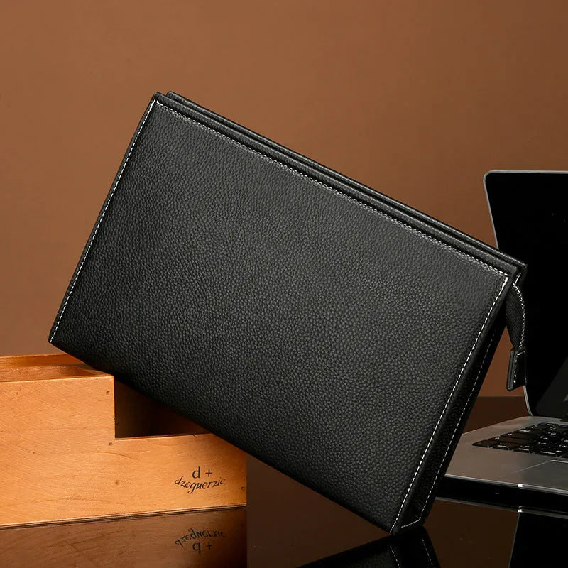 New Clutch Men's Briefcase Soft Leather Black PU Material Sewing Thread Business Handbag