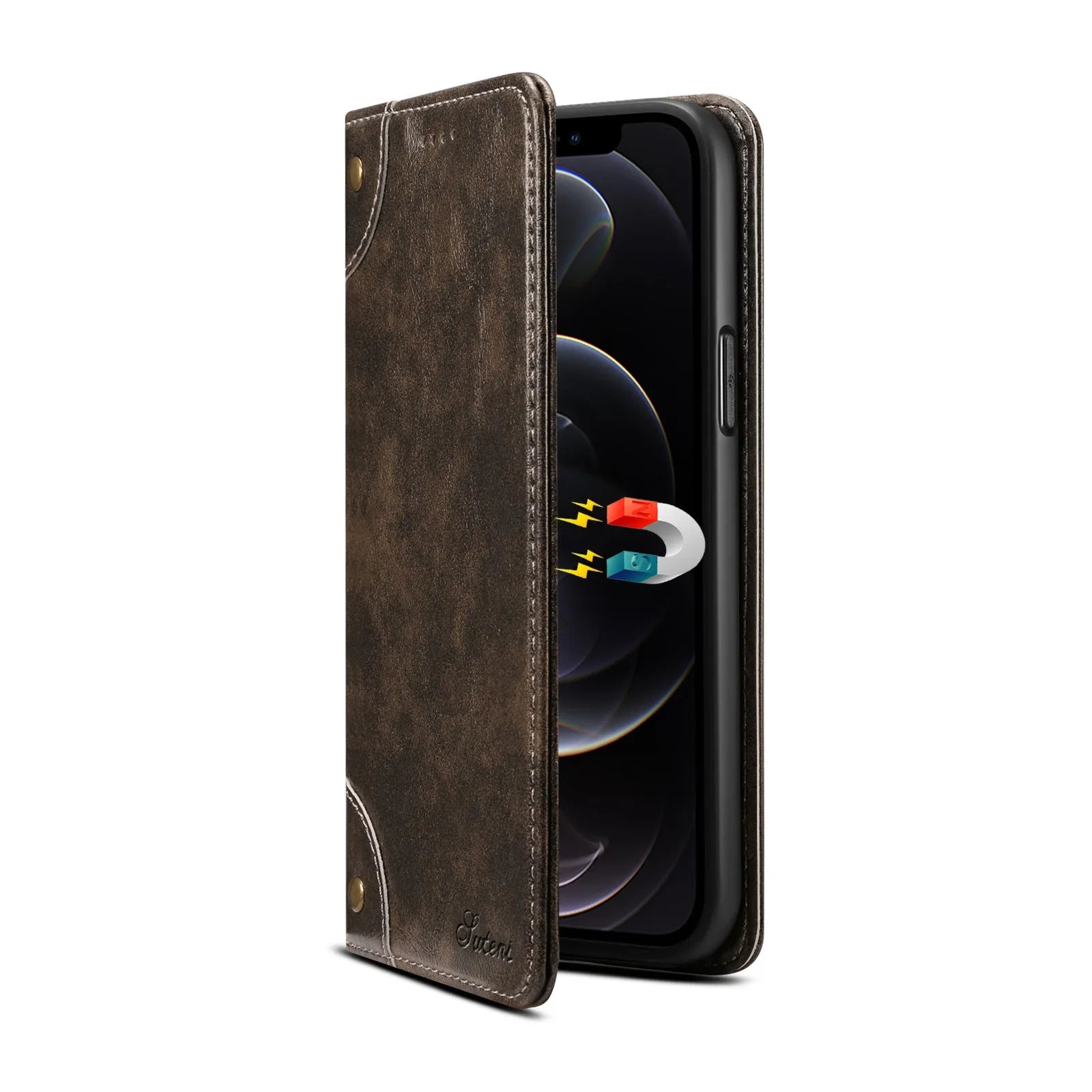 Flip phone case with magnetic card holster and stand bracket for iPhone 15 Pro Max in black