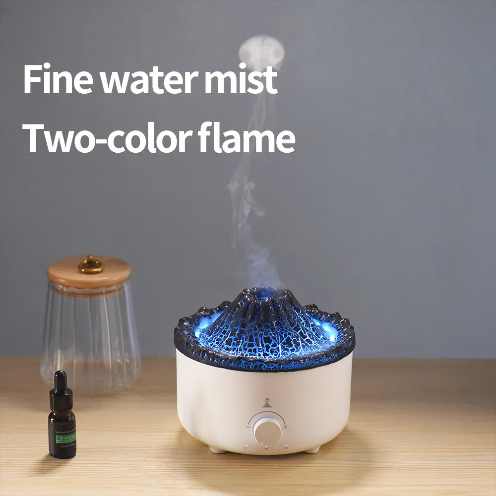 White volcano-shaped humidifier with flame effect lighting and remote control