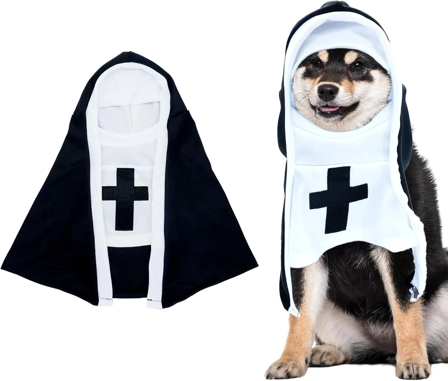 Black and white polyester nun costume cloak for a small dog on Halloween