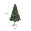 Green and white snow-dusted artificial PVC Christmas tree on a metal stand.