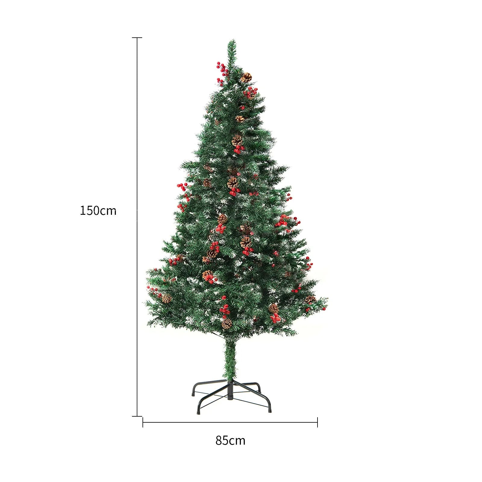 Green and white snow-dusted artificial PVC Christmas tree on a metal stand.