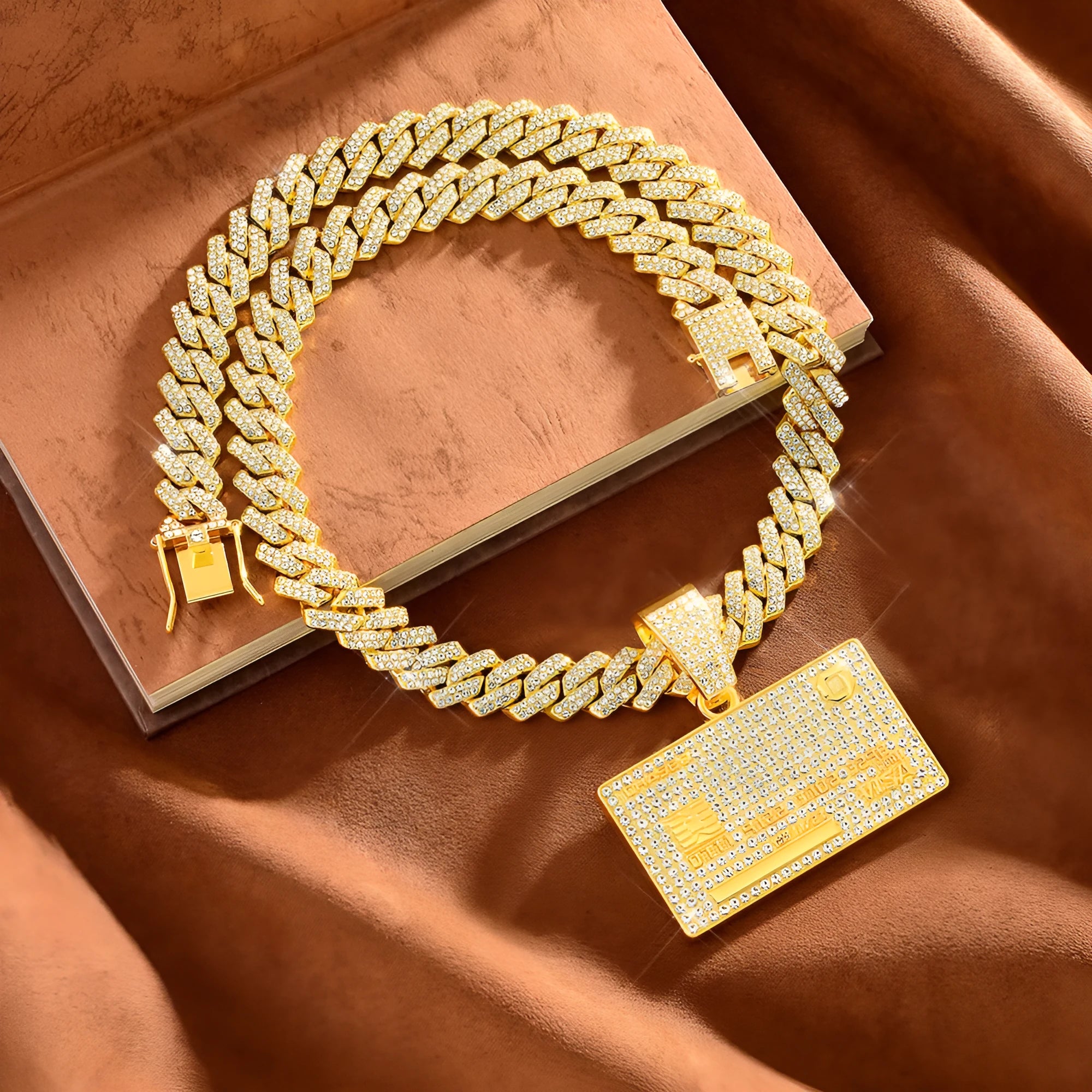 Alloy bank card pendant necklace with 20 inch Cuban chain in silver colour, geometric quadrilateral shape