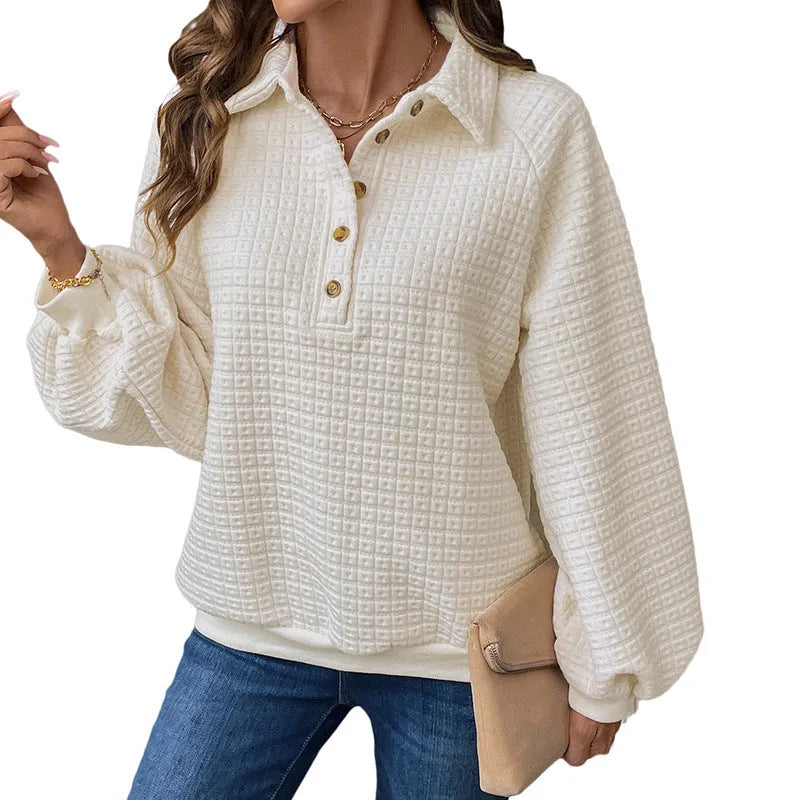 Women's milky white polo collar polyester sweater with long sleeves