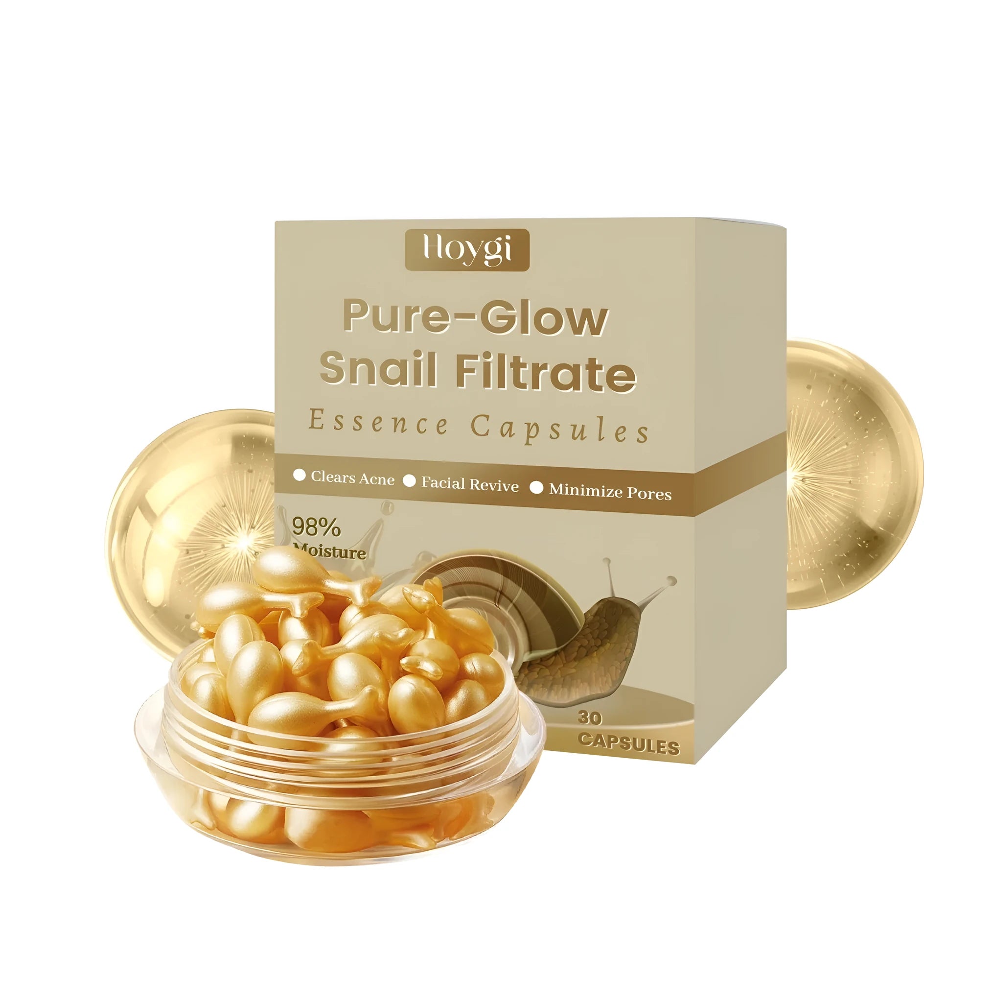 PET container of 30 firming skincare capsules with snail secretion filtrate and vitamin E, 6.7 cm height