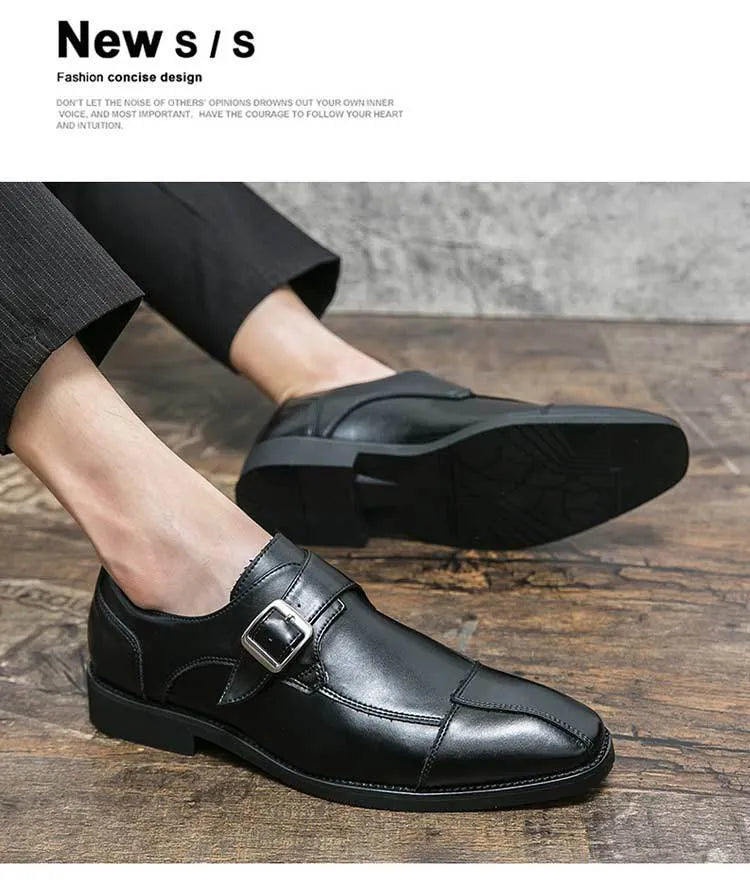 Men's brown blue retro buckle casual leather shoes with tall crown height on a plain background.