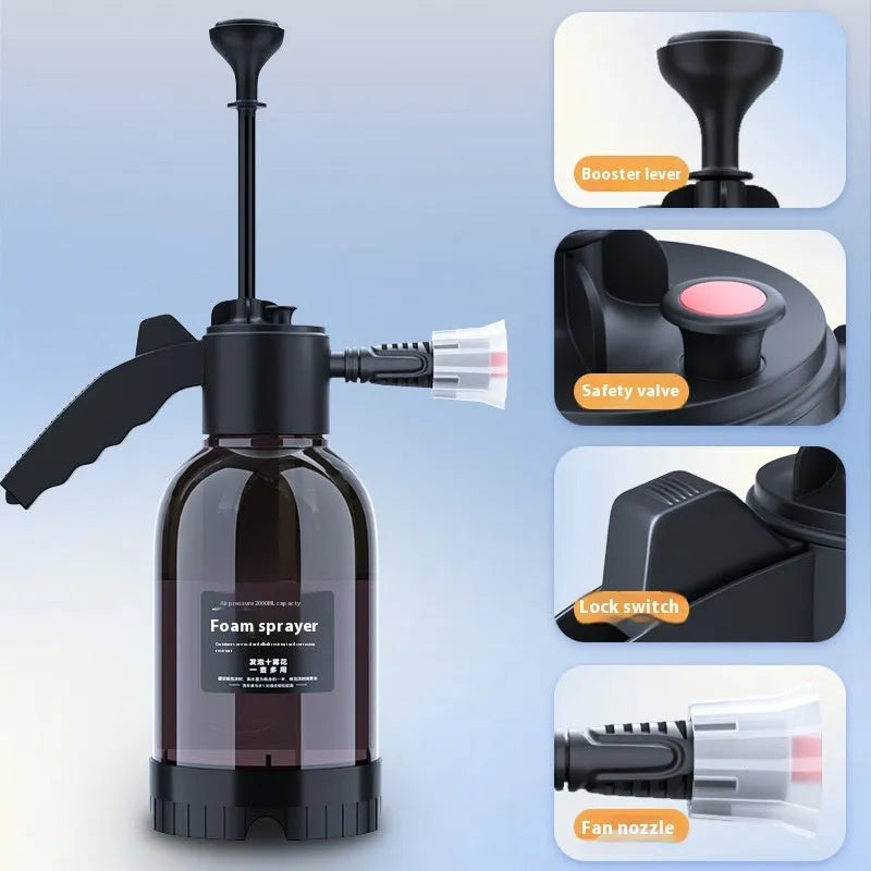 Black hand-held 2L foam watering can spray bottle with two nozzles for car washing and plant watering