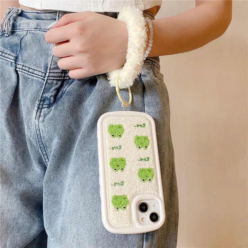 Anti-fall flannel phone case with towel embroidery five little frogs design for iPhone, front view