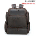 Dark brown retro leather backpack for men with a 17-inch laptop compartment open.
