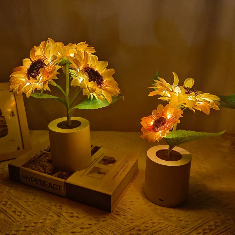 Radiant sunflower lamp with lifelike artificial flowers, providing a warm, soothing glow and enchanting ambiance for home or office decor.