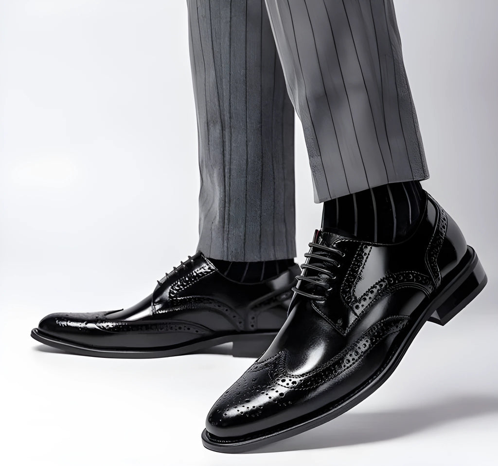 Men's black two-layer cowhide leather business casual shoes with rubber sole and leather toe cap