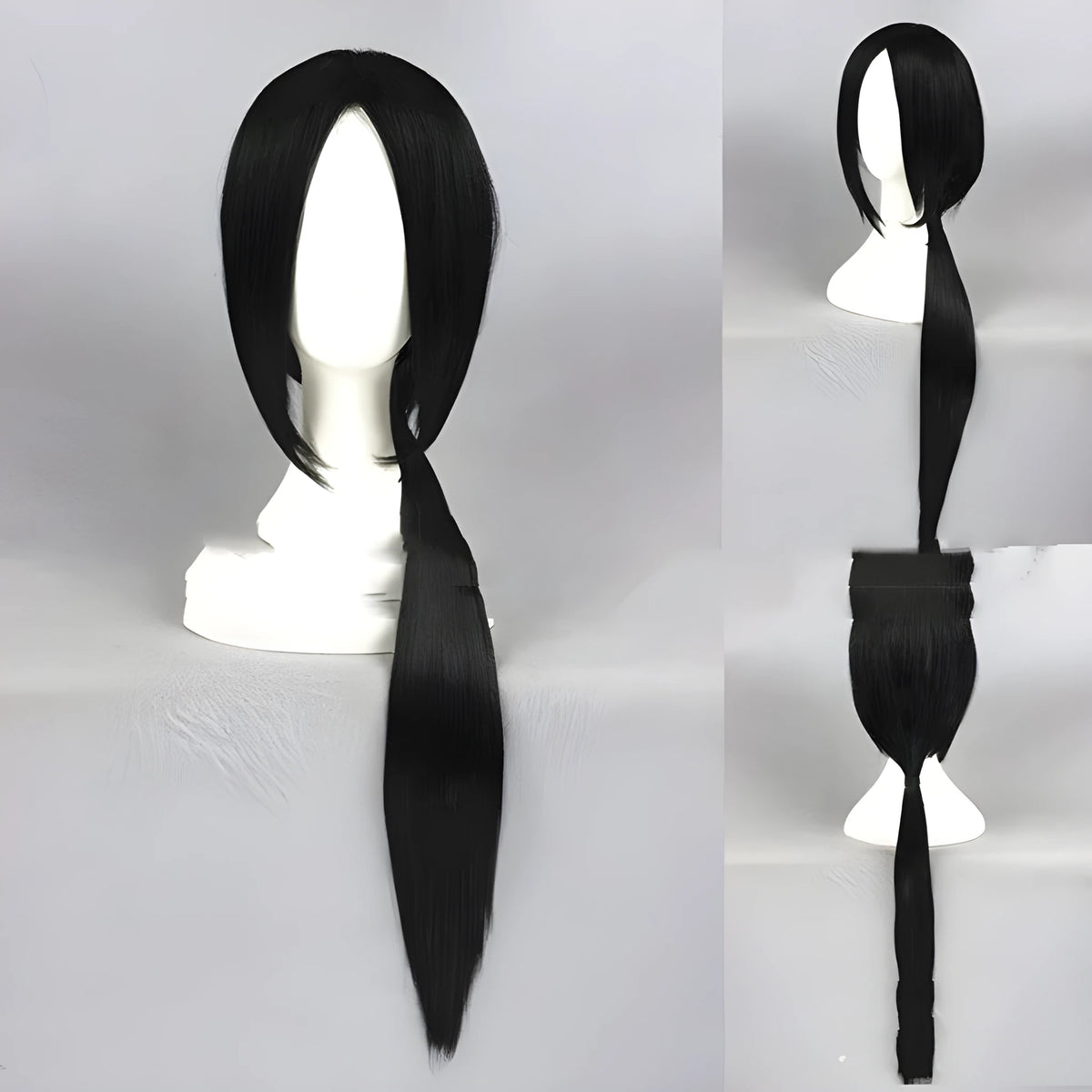 75cm black middle part cosplay wig on stand
