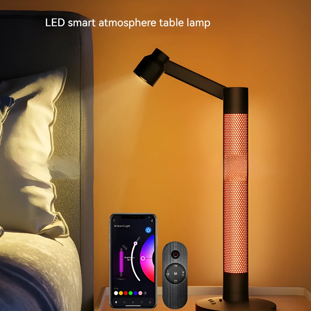 Black LED creative ambience reading night lamp with remote, on desk, dimensions 505x140x43mm