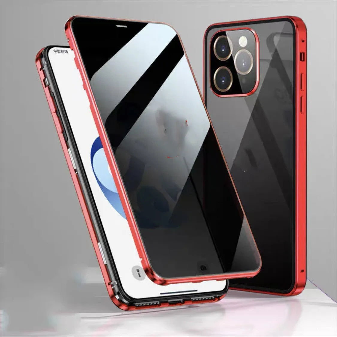 Metal glass phone case with magnetic suction and double-card buckle for iPhone 11-14 Pro Max in black