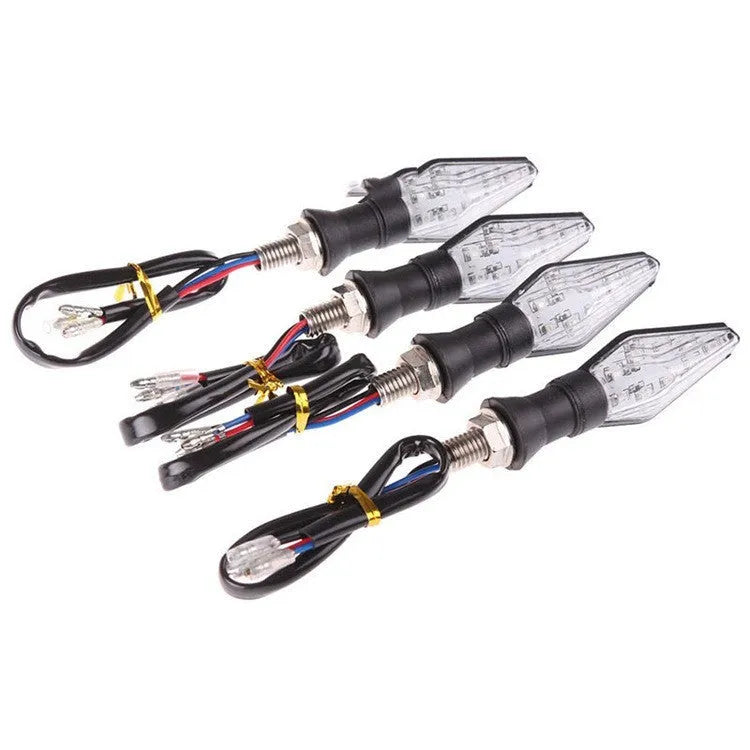 Motorcycle plastic LED turn signal indicator with double-sided luminous design in yellow and blue light options