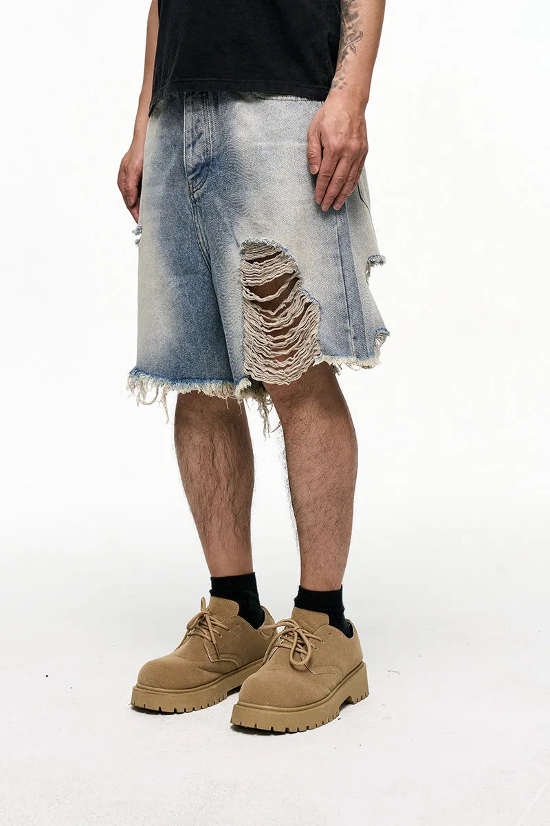 Light blue retro washed men's baggy denim shorts with wide leg cut