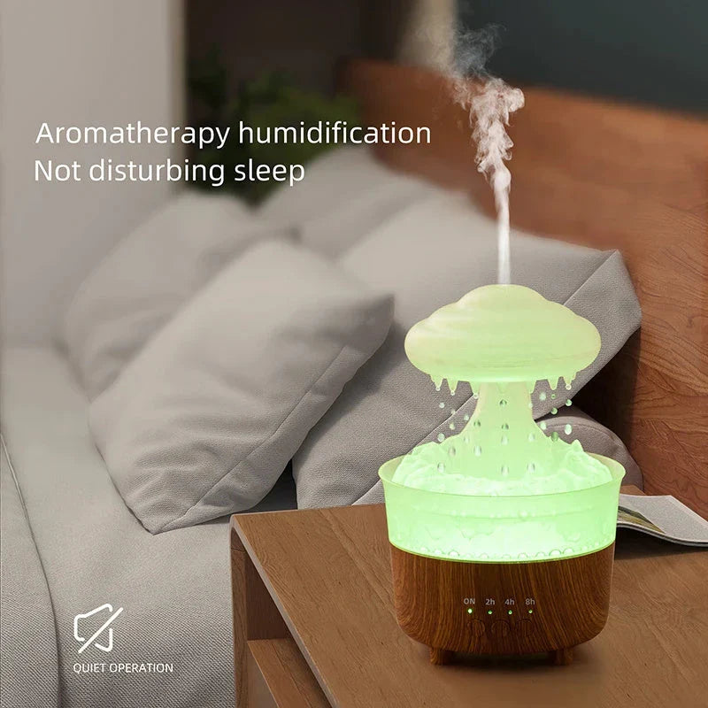 Relaxing cloud-shaped humidifier with soothing rain sounds, essential oil diffusion, and customizable LED lighting for a calming ambiance