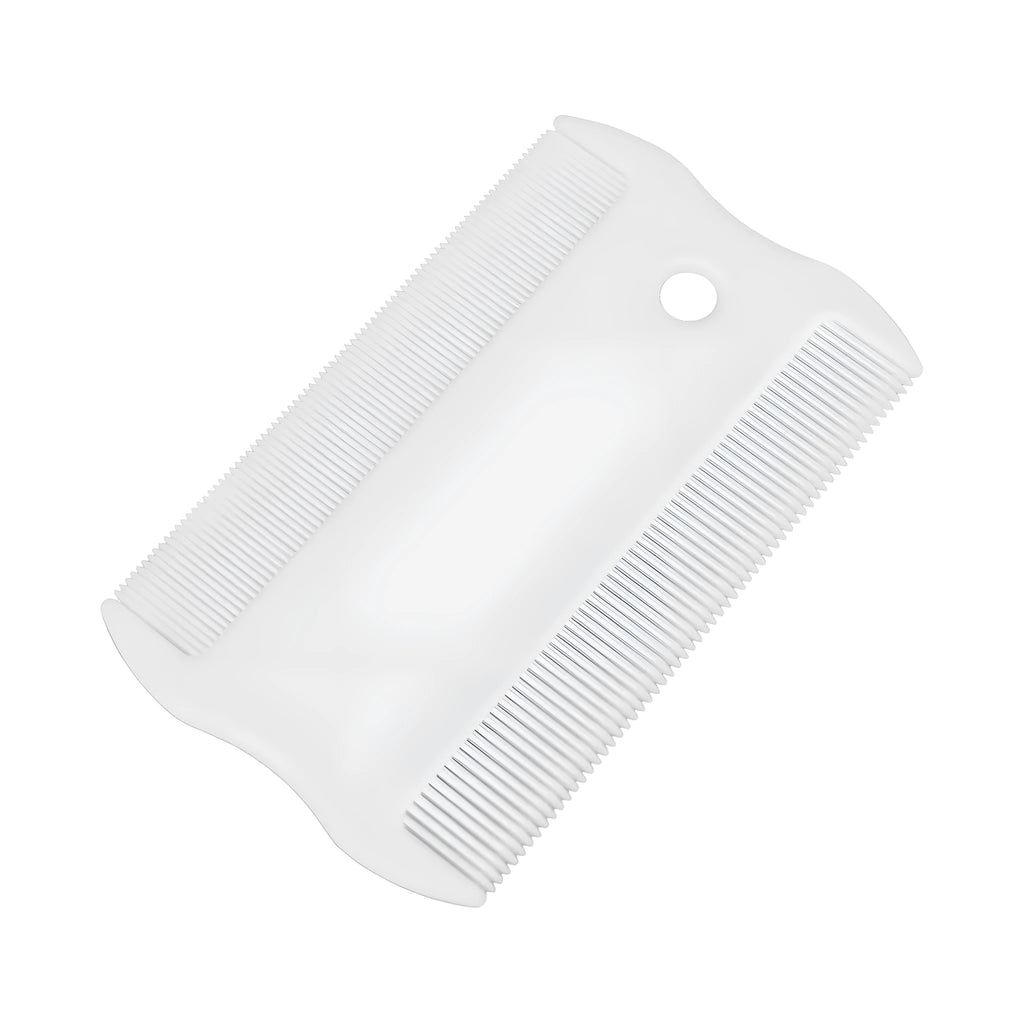 Double-sided plastic flea comb for pet facial grooming with dense teeth, measuring 0.85cm by 5cm.