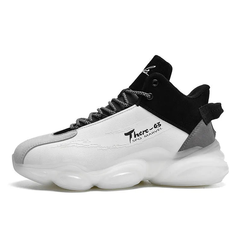 New Youth Basketball Running Sneakers white black TPU popcorn sole microfiber upper front lace-up platform flat heel
