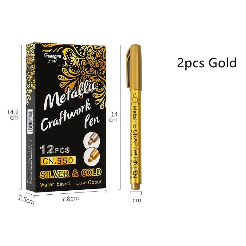 English packaging metal paint pen with plastic shell, 14cm long, gold and silver refill options