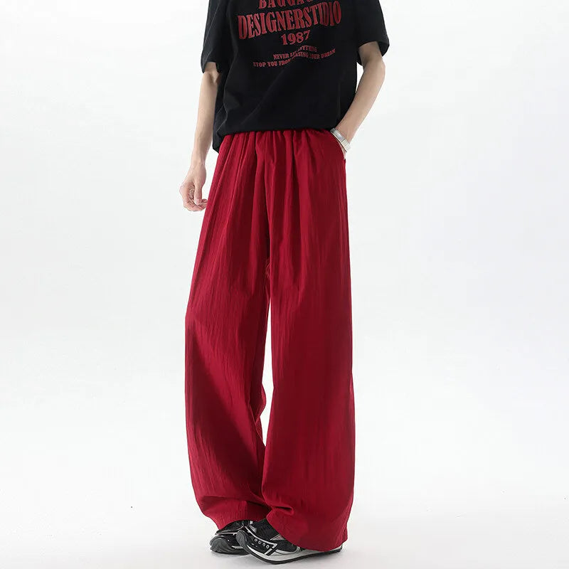 Men's high-waist wide-leg casual trousers in thin polyester blend, long mopping style, available in nine colours