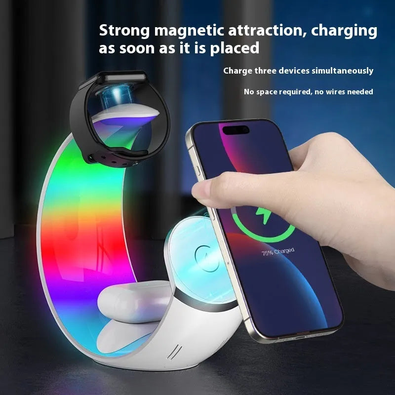 White wireless ambience light and charger with USB-C port for phones, watches and headsets