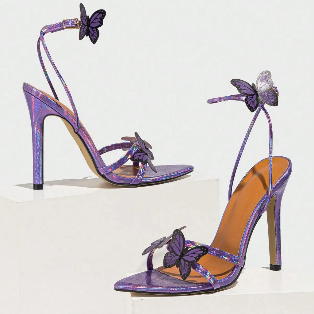 Women's purple pointed-toe sandals with three-dimensional butterfly decoration on toe bracket and stiletto heel over 8 cm.