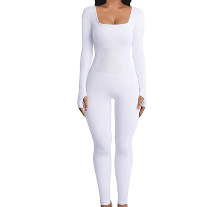 Women's stylish yoga jumpsuit with square neckline and long sleeves, available in a variety of colors.