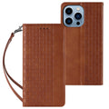 Embossed leather flip phone case in black for iPhone, showing front cover closed.
