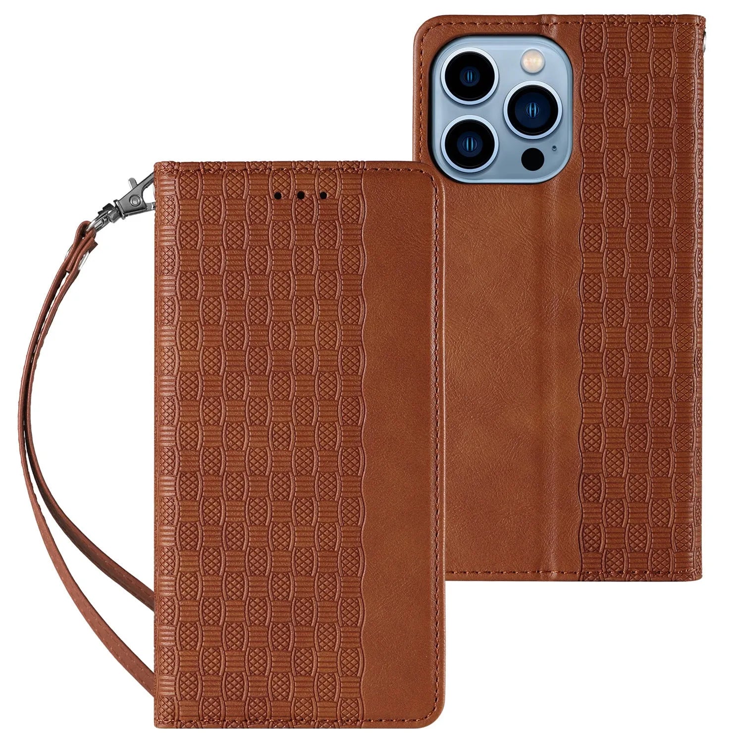 Embossed leather flip phone case in black for iPhone, showing front cover closed.