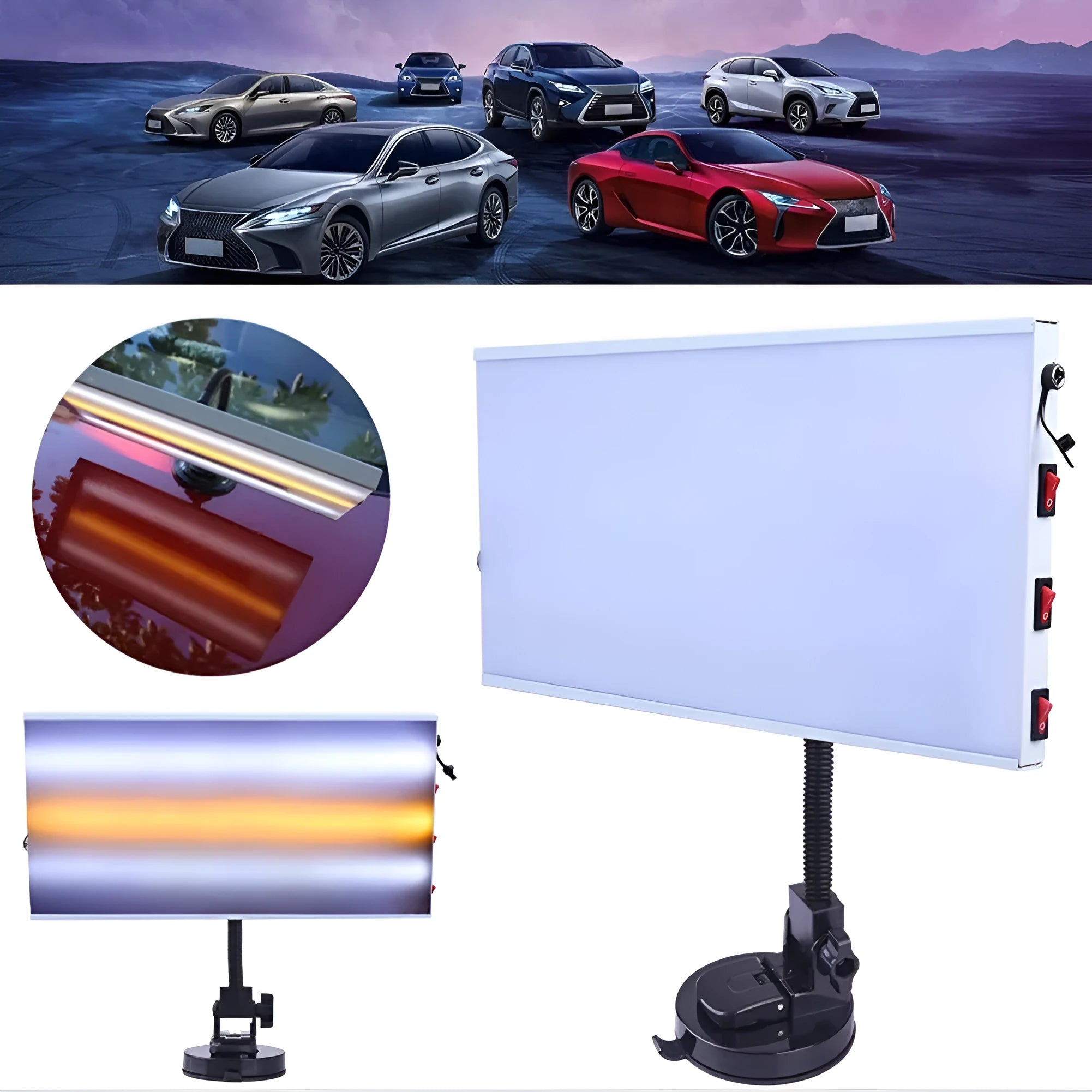 White car depression repair detector kit with concave inspection light for vehicle body panel assessment