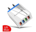 Four-port USB wall charger with luminous light, shown in dark blue colour with EU plug.